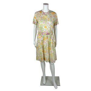 Vintage 60s Floral Dress Women's Large Pink Yellow Spring Print Belted Sheath